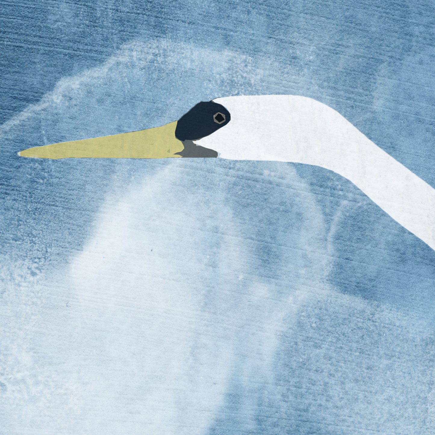 Close-up of a greeting card featuring a stylized white heron in flight against a deep blue, textured background with soft cloud-like shapes.