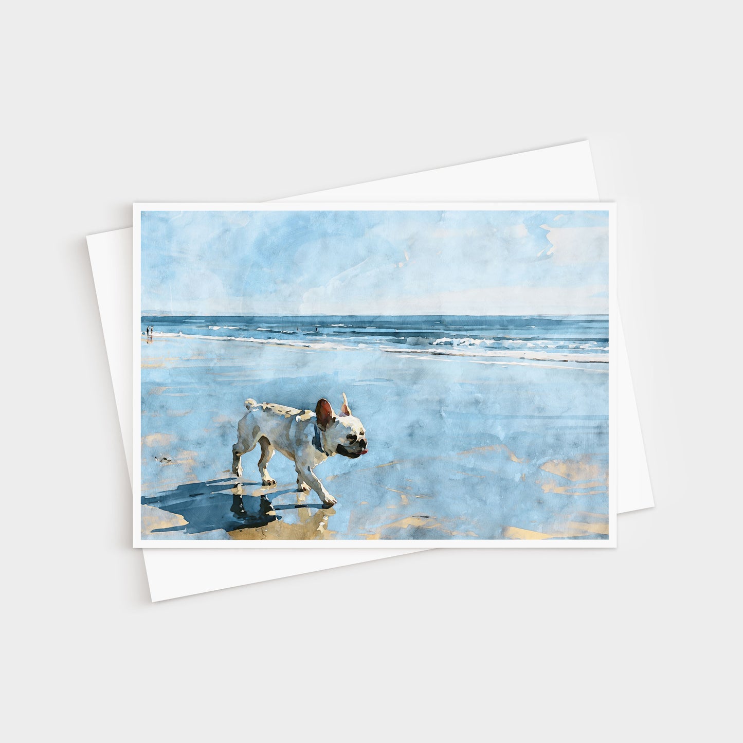 Cream French Bulldog beach note card shown with a white envelope and a pale blue ocean scene.