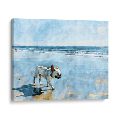 Gallery wrap canvas of a cream French Bulldog walking on a beach with blue ocean waves and reflective sand.