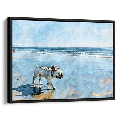 Black float framed canvas showing a cream French Bulldog on a beach in soft digital watercolor style.