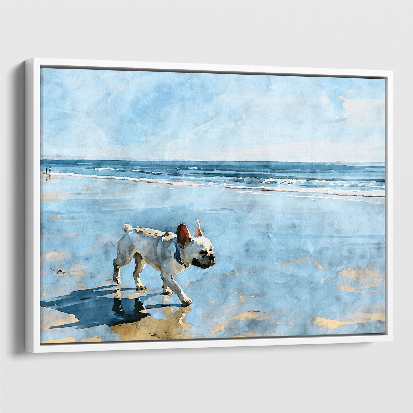 White float framed canvas of a cream French Bulldog beach scene with pale blue water and sandy tones.