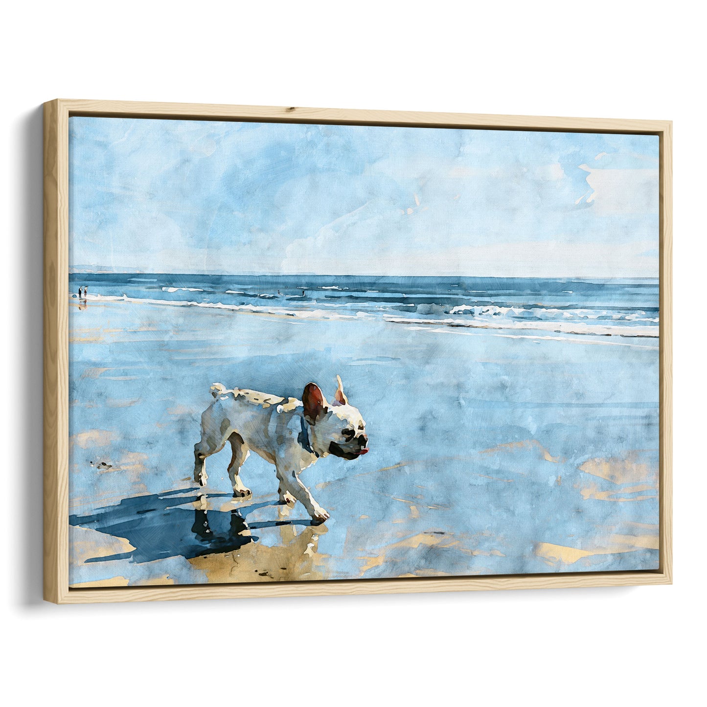 Natural wood float framed canvas featuring a cream French Bulldog by the ocean in a light coastal watercolor style.