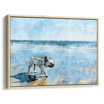 Natural wood float framed canvas featuring a cream French Bulldog by the ocean in a light coastal watercolor style.
