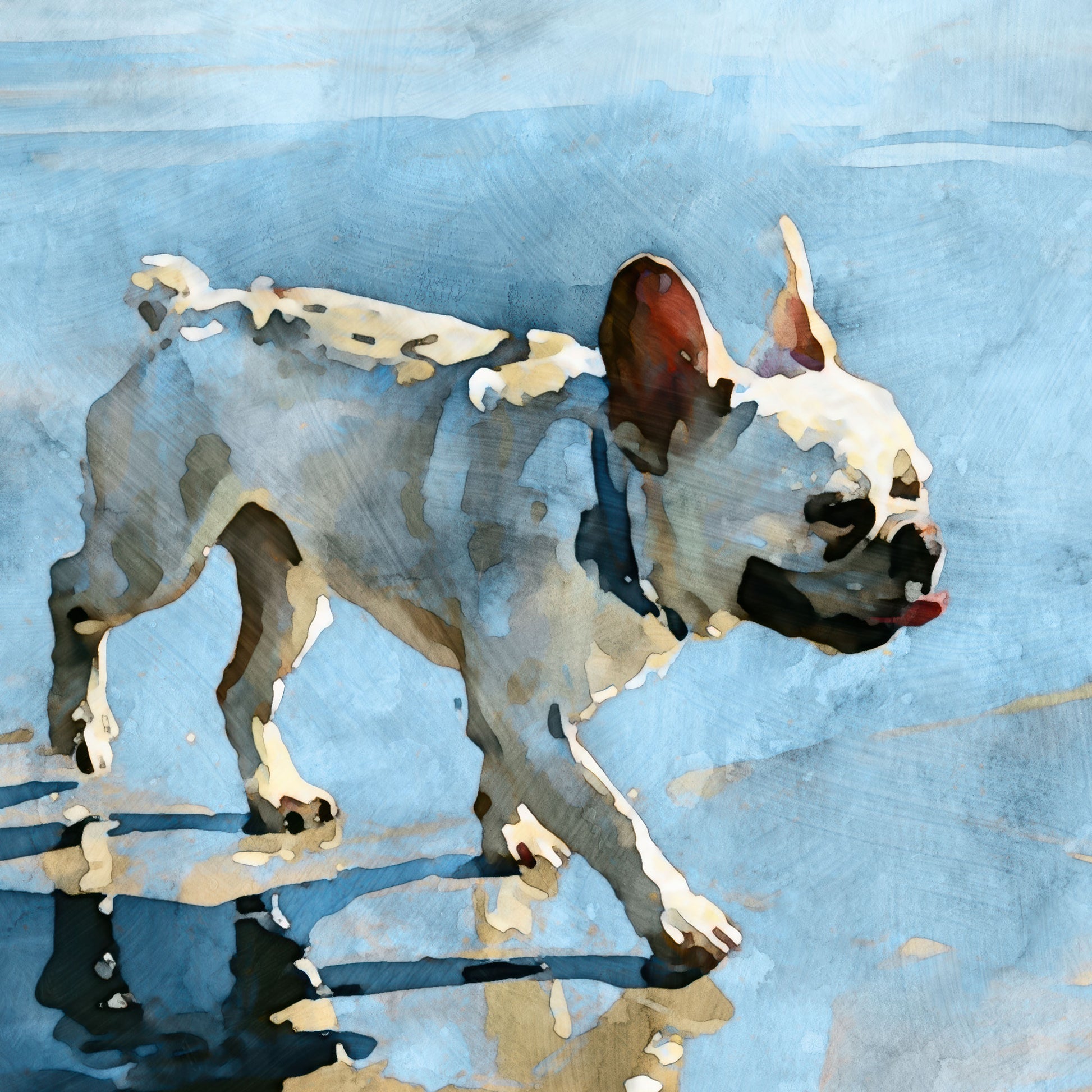 Artistic depiction of a dog on a blue watercolor background