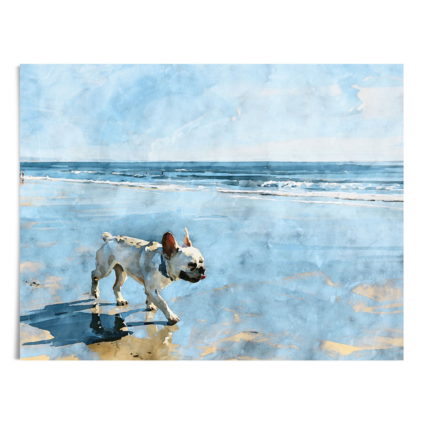 Digital watercolor artwork of a cream French Bulldog walking along a beach with blue waves and wet sand.