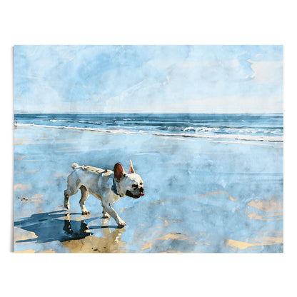 Digital watercolor artwork of a cream French Bulldog walking along a beach with blue waves and wet sand.