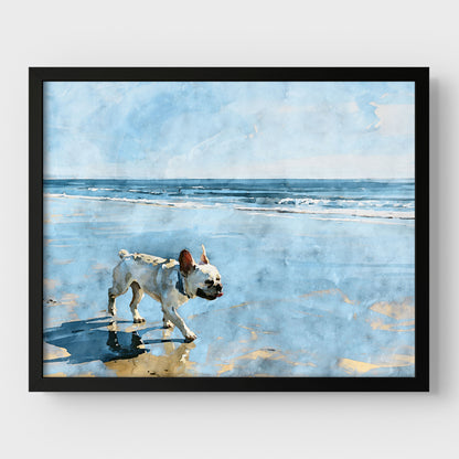 Cream French Bulldog beach watercolor art print with blue ocean and sandy shore shown in a black frame.