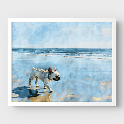 Cream French Bulldog coastal watercolor print with pale blue water and warm sand displayed in a white frame.
