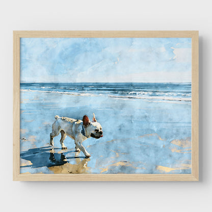 Digital watercolor print of a cream French Bulldog walking on a beach with blue ocean waves in a natural wood frame.