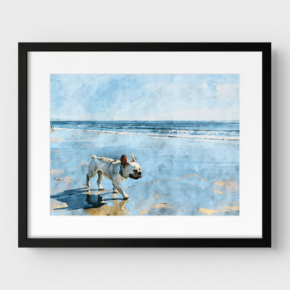 Matted black frame display of a cream French Bulldog watercolor print on a beach with blue waves.