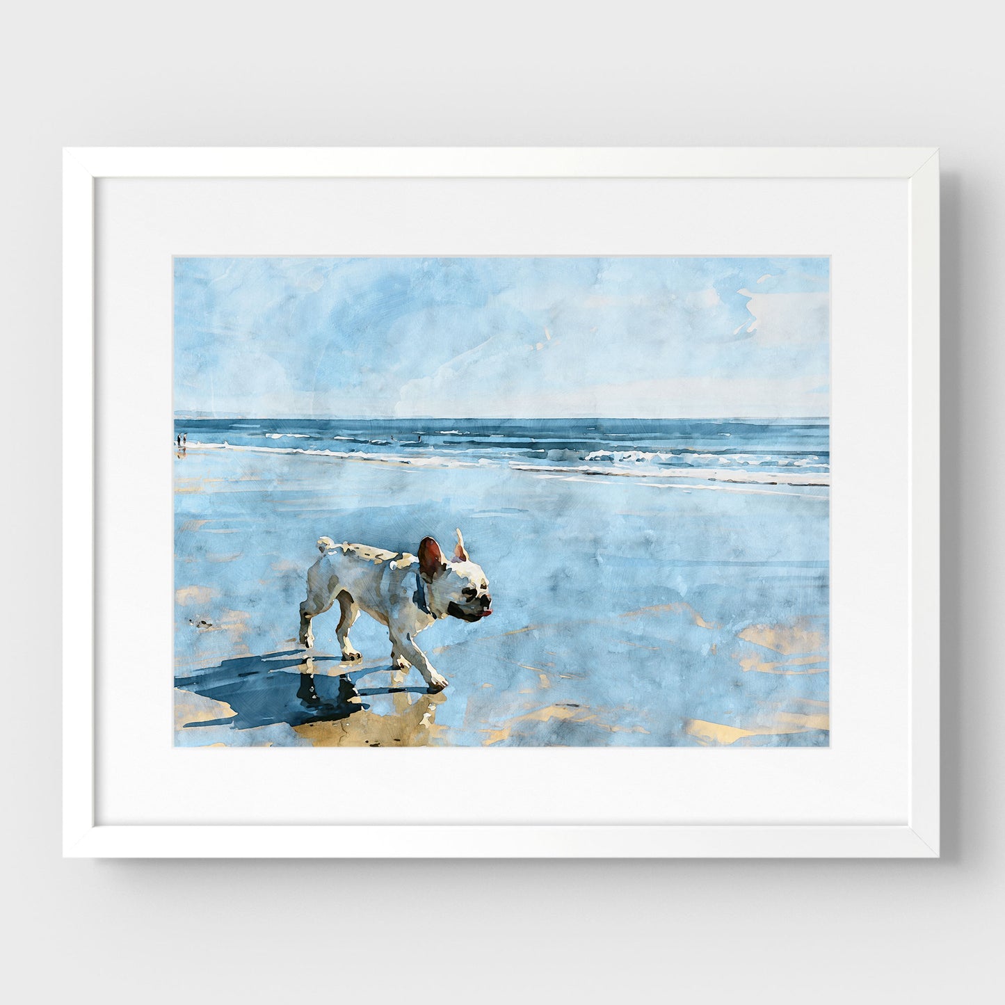 Matted white frame featuring a cream French Bulldog beach watercolor in soft blue, cream, and tan tones.