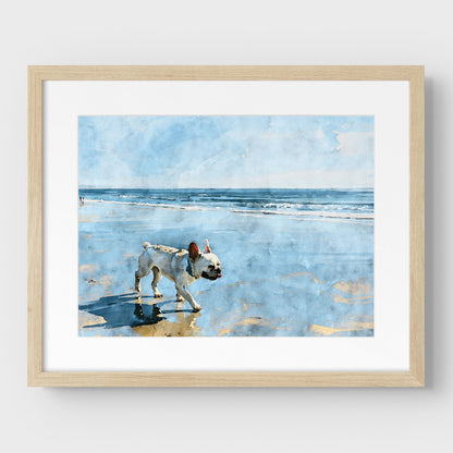 Matted natural wood frame with a cream French Bulldog beach watercolor print and calm coastal colors.