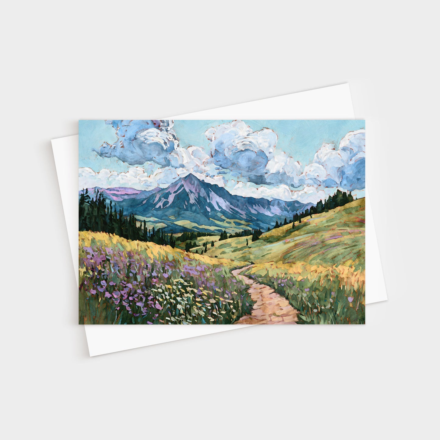 Greeting card with a mountain landscape and path on a white background