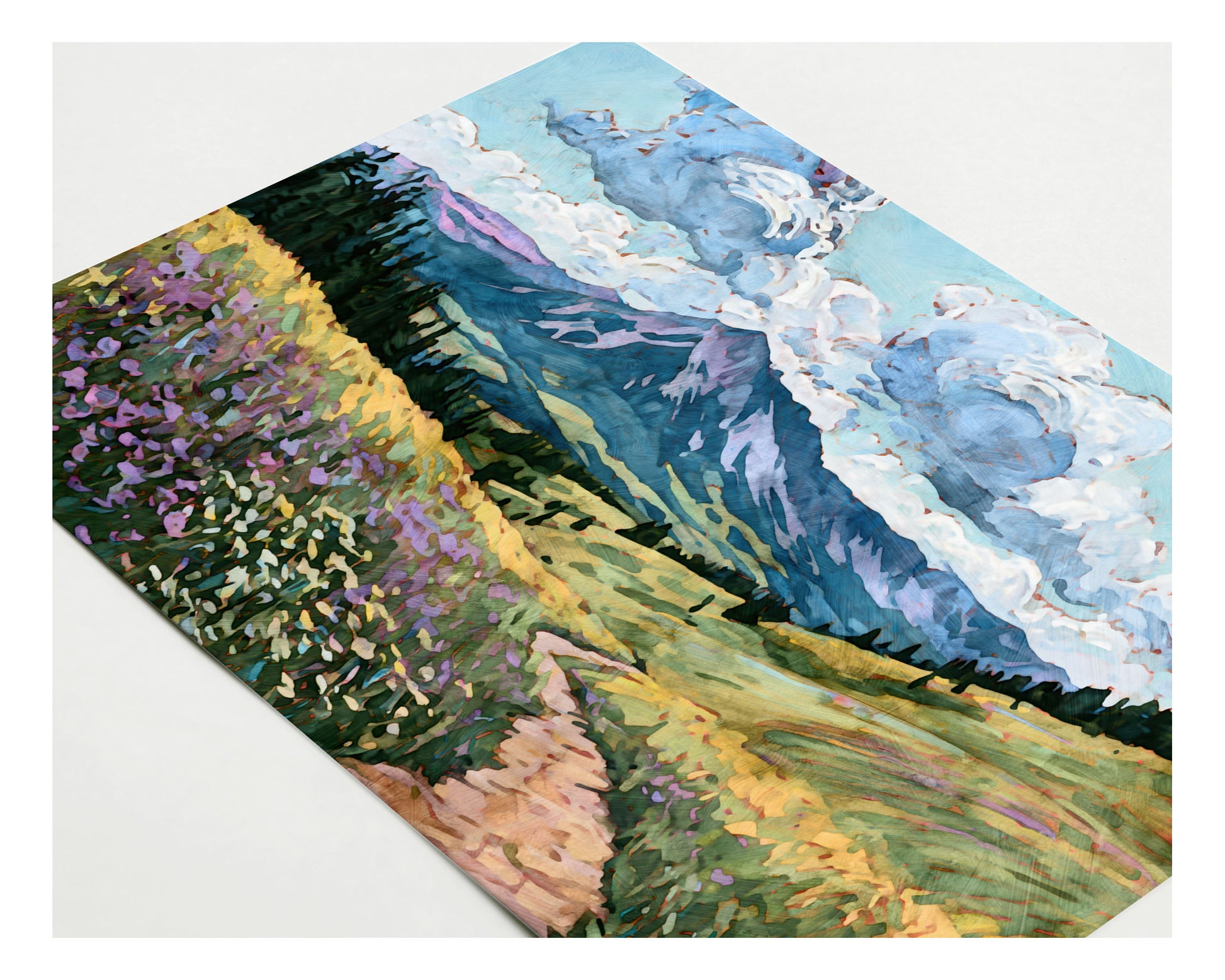 Painting of a mountain landscape with a path and flowers on a white background