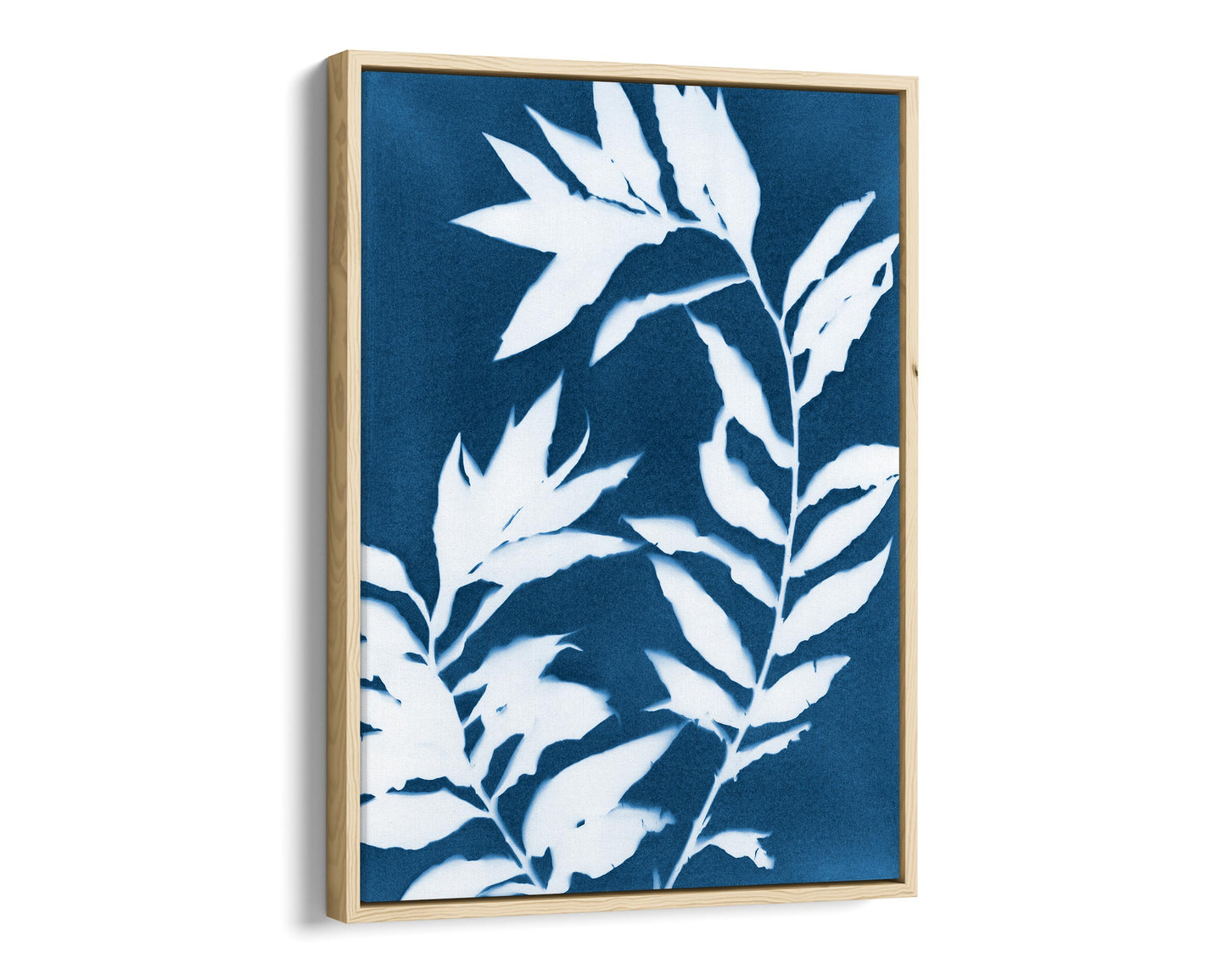 Framed cyanotype print featuring white curved branches with pointed leaves against a deep blue background, enclosed in a natural wood minimalist frame.