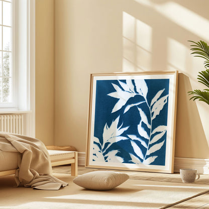 Large framed cyanotype print featuring curved branches with pointed leaves in white against a deep blue background, leaning against a beige wall in a sunlit, minimalist bedroom.