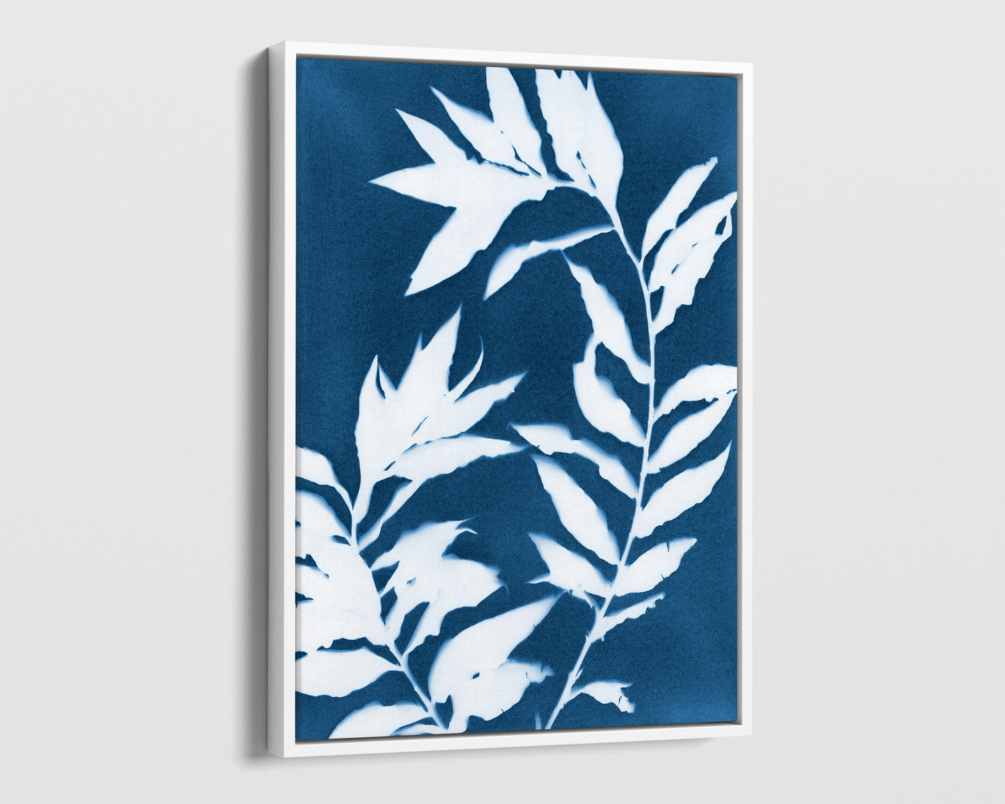 Framed cyanotype print featuring white curved branches with pointed leaves against a deep blue background, enclosed in a white minimalist frame.