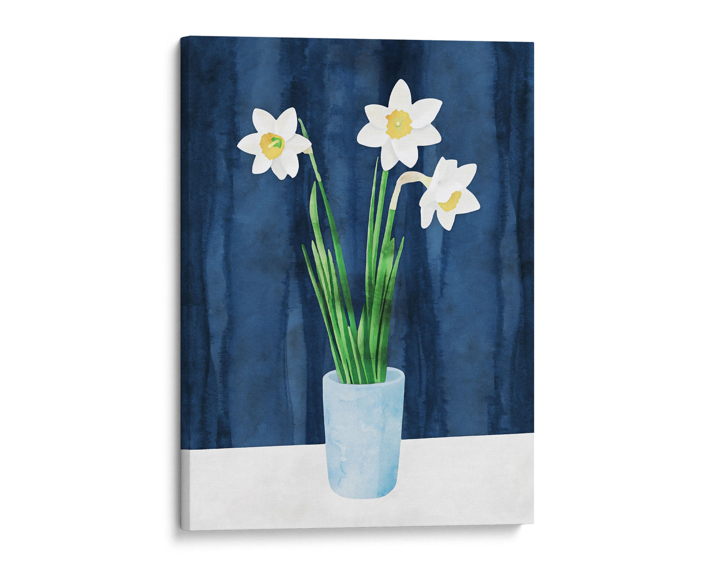 Canvas artwork of three white daffodils with yellow centers in a light blue vase, set against a textured dark blue background.