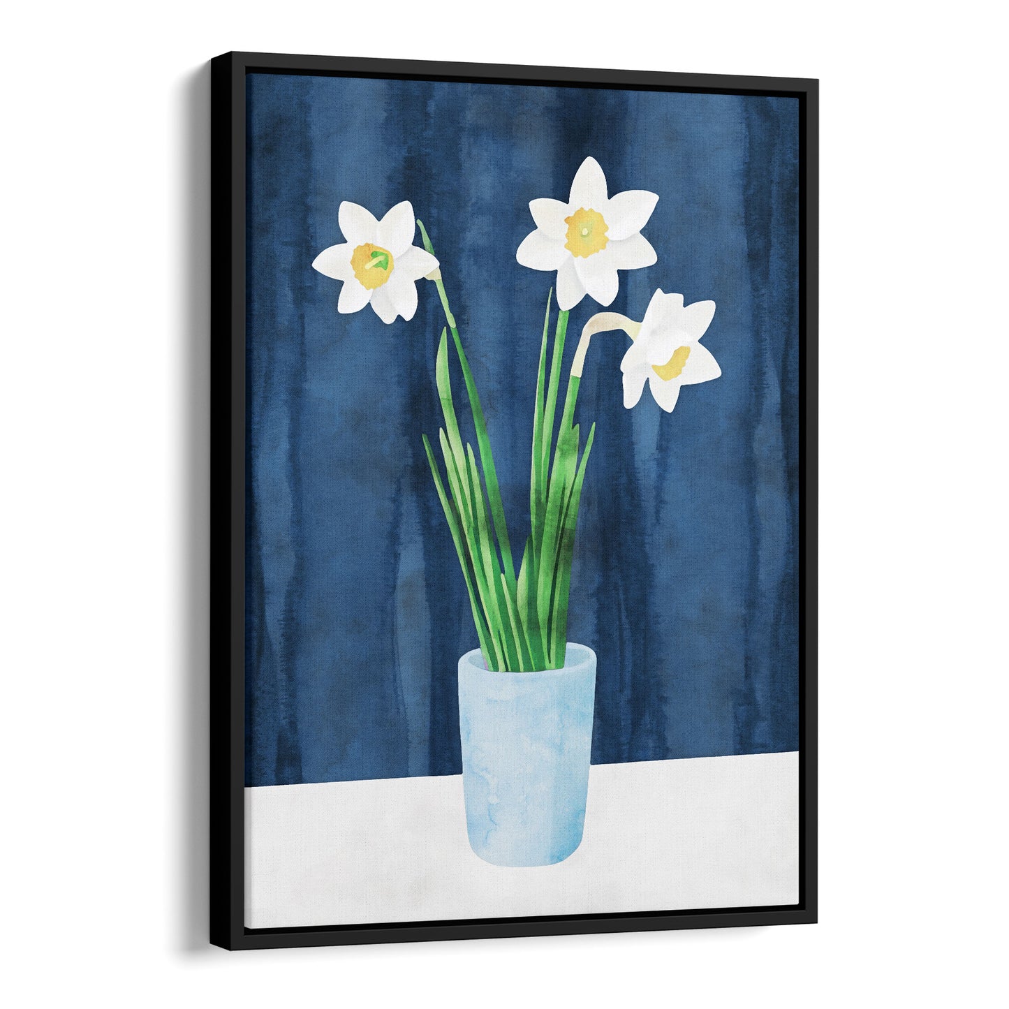 Framed canvas artwork with a black border, featuring a watercolor-style depiction of white daffodils with yellow centers in a light blue vase, set against a deep blue textured background.