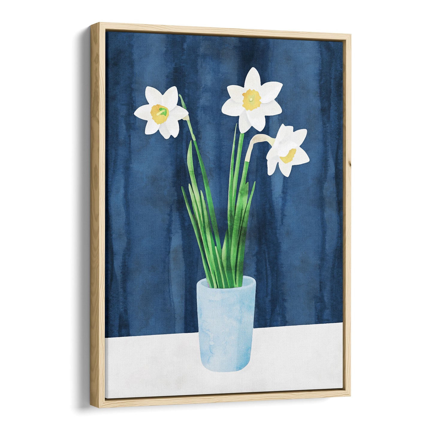 Framed canvas artwork with a natural wood border, featuring a watercolor-style depiction of white daffodils with yellow centers in a light blue vase, set against a deep blue textured background.