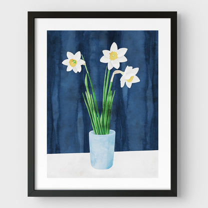 Artwork with a black frame and white border, featuring a watercolor-style depiction of three white daffodils with yellow centers in a light blue vase, set against a deep blue textured background.