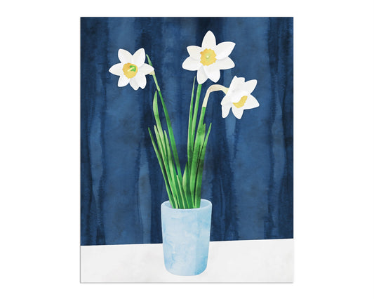 Artwork depicting three white daffodils with yellow centers in a light blue vase, set against a textured deep blue background.