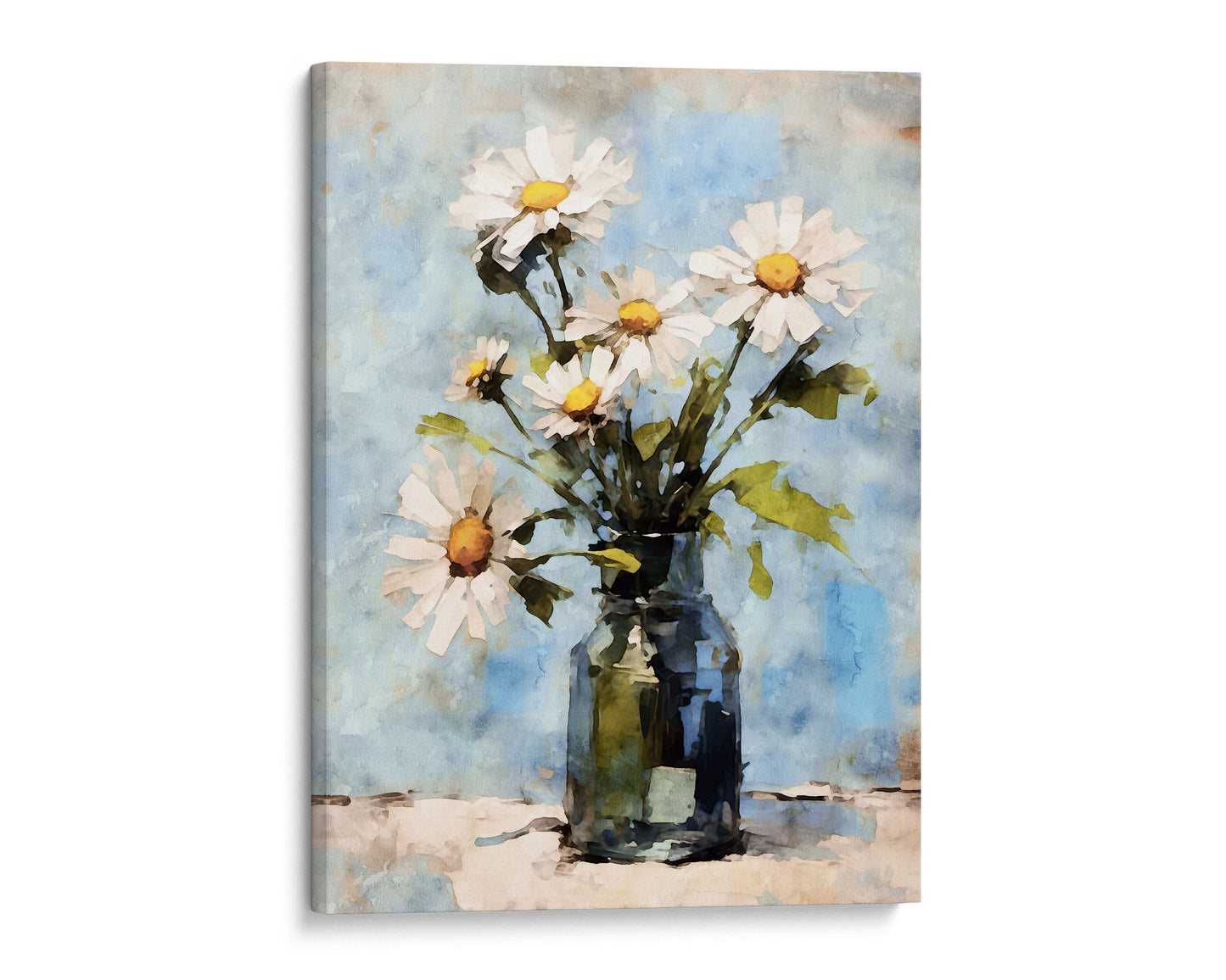 Canvas print of a watercolor painting depicting white daisies with yellow centers in a blue vase, set against a washed blue and beige background.