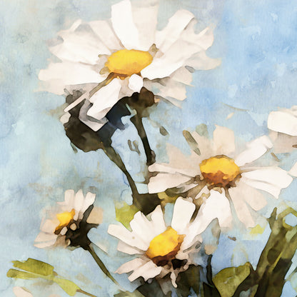 Watercolor painting of white daisies with bright yellow centers set against a soft blue background. The stems and leaves are painted in green hues, with flowing brushstrokes and gentle shading, creating a fresh and cheerful impressionistic style.