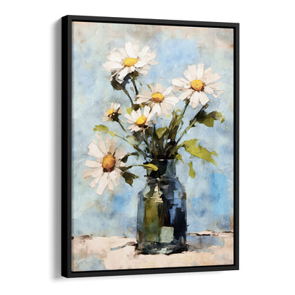 Framed watercolor painting of a bouquet of white daisies with yellow centers in a clear greenish glass jar. The daisies sit against a soft blue background, with a modern black frame enhancing the cheerful and impressionist-style artwork.