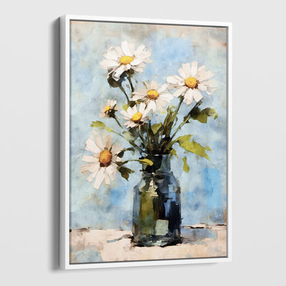 Framed watercolor painting of a bouquet of white daisies with yellow centers in a clear greenish glass jar. The daisies sit against a soft blue background, with a modern white frame enhancing the cheerful and impressionist-style artwork.