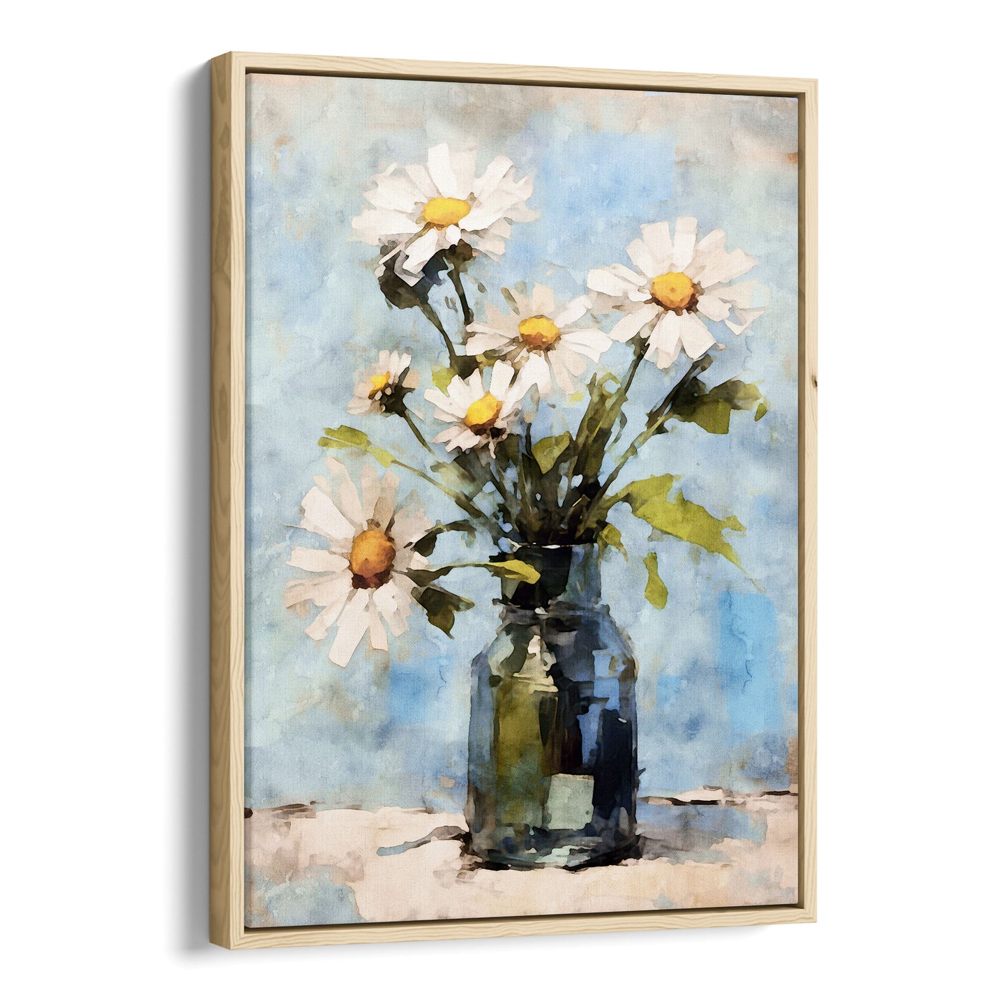 Framed watercolor painting of a bouquet of white daisies with yellow centers in a clear greenish glass jar. The daisies sit against a soft blue background, with a modern natural wood frame enhancing the cheerful and impressionist-style artwork.