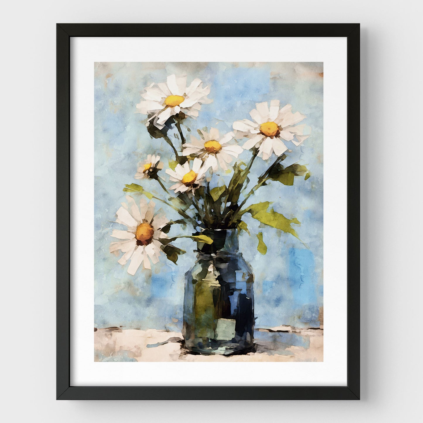 Framed watercolor painting of a bouquet of white daisies in a greenish glass jar, set against a soft blue background. The piece is encased in a black frame with a white border, enhancing its fresh and cheerful impressionist style.