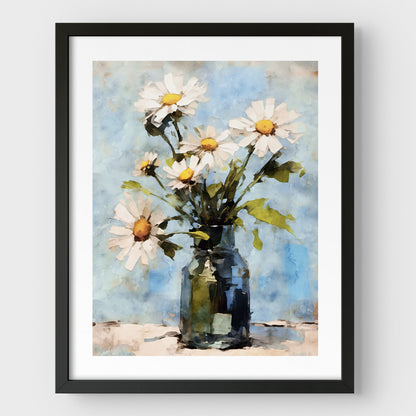 Framed watercolor painting of a bouquet of white daisies in a greenish glass jar, set against a soft blue background. The piece is encased in a black frame with a white border, enhancing its fresh and cheerful impressionist style.