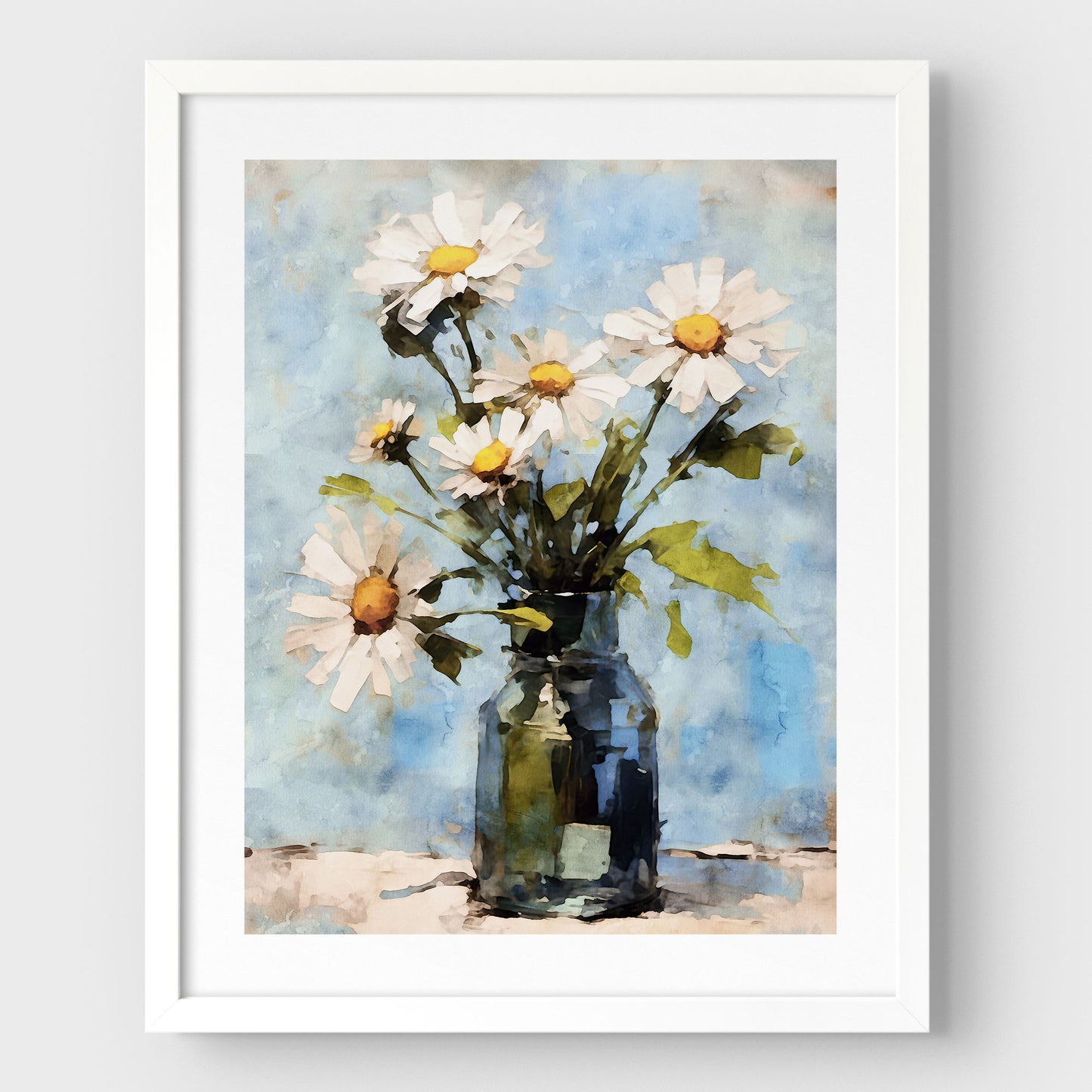 Framed watercolor painting of a bouquet of white daisies in a greenish glass jar, set against a soft blue background. The piece is encased in a white frame with a white border, enhancing its fresh and cheerful impressionist style.