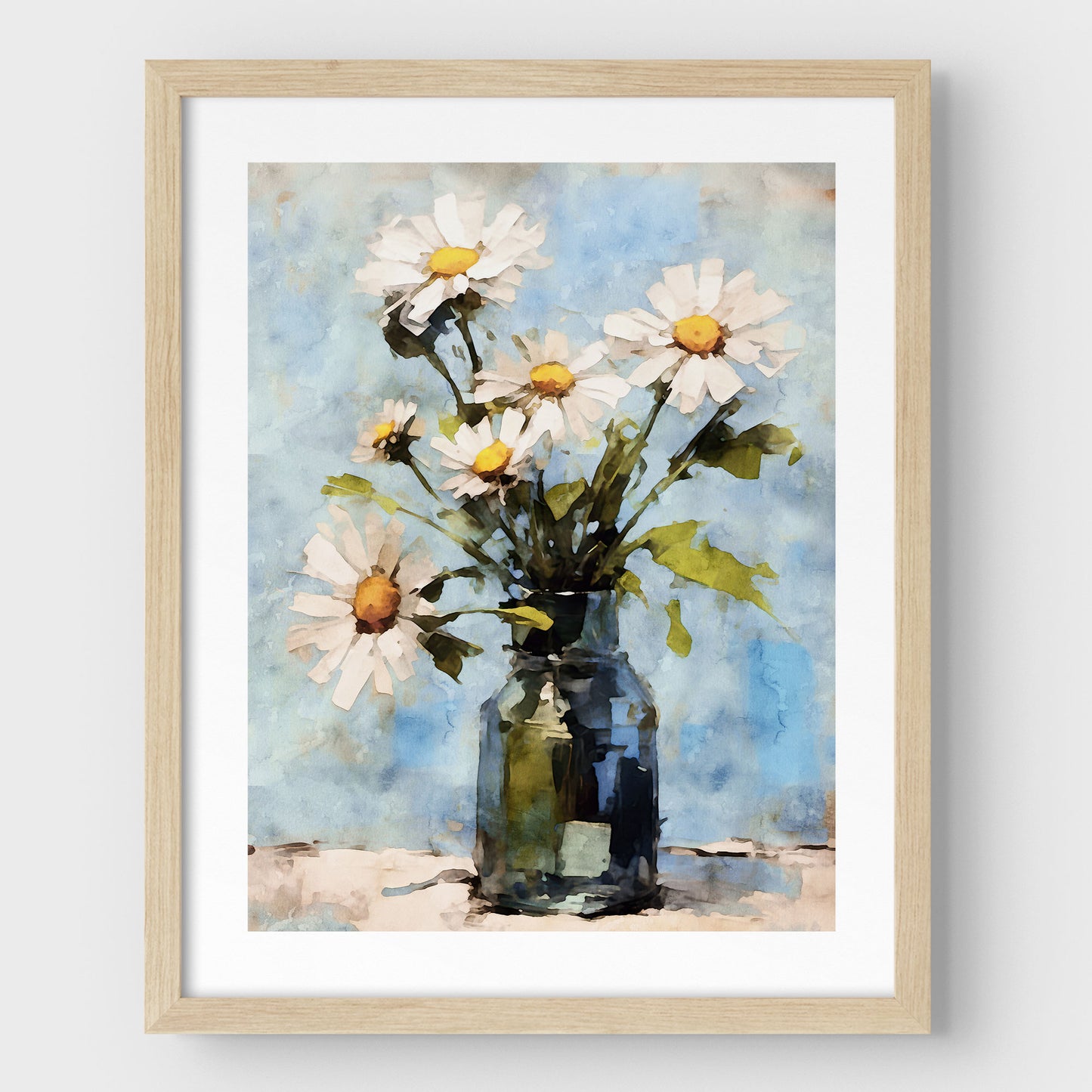 Framed watercolor painting of a bouquet of white daisies in a greenish glass jar, set against a soft blue background. The piece is encased in a natural wood frame with a white border, enhancing its fresh and cheerful impressionist style.