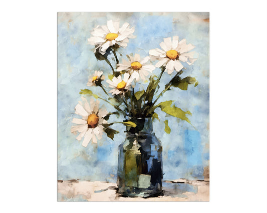 Watercolor painting of white daisies with yellow centers in a blue glass vase against a washed blue and beige background.