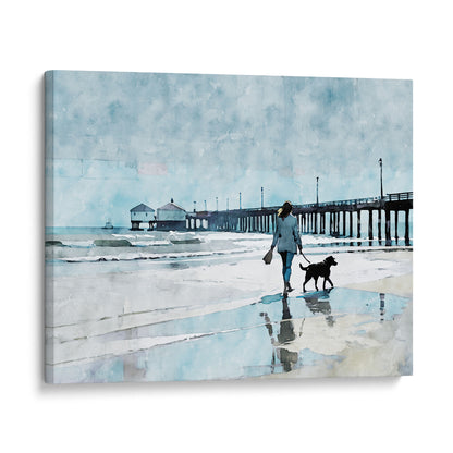 Watercolor-style illustration of a woman walking a dog along a wet beach with reflections, next to a long pier extending into the sea. Artwork printed on gallery wrap canvas.