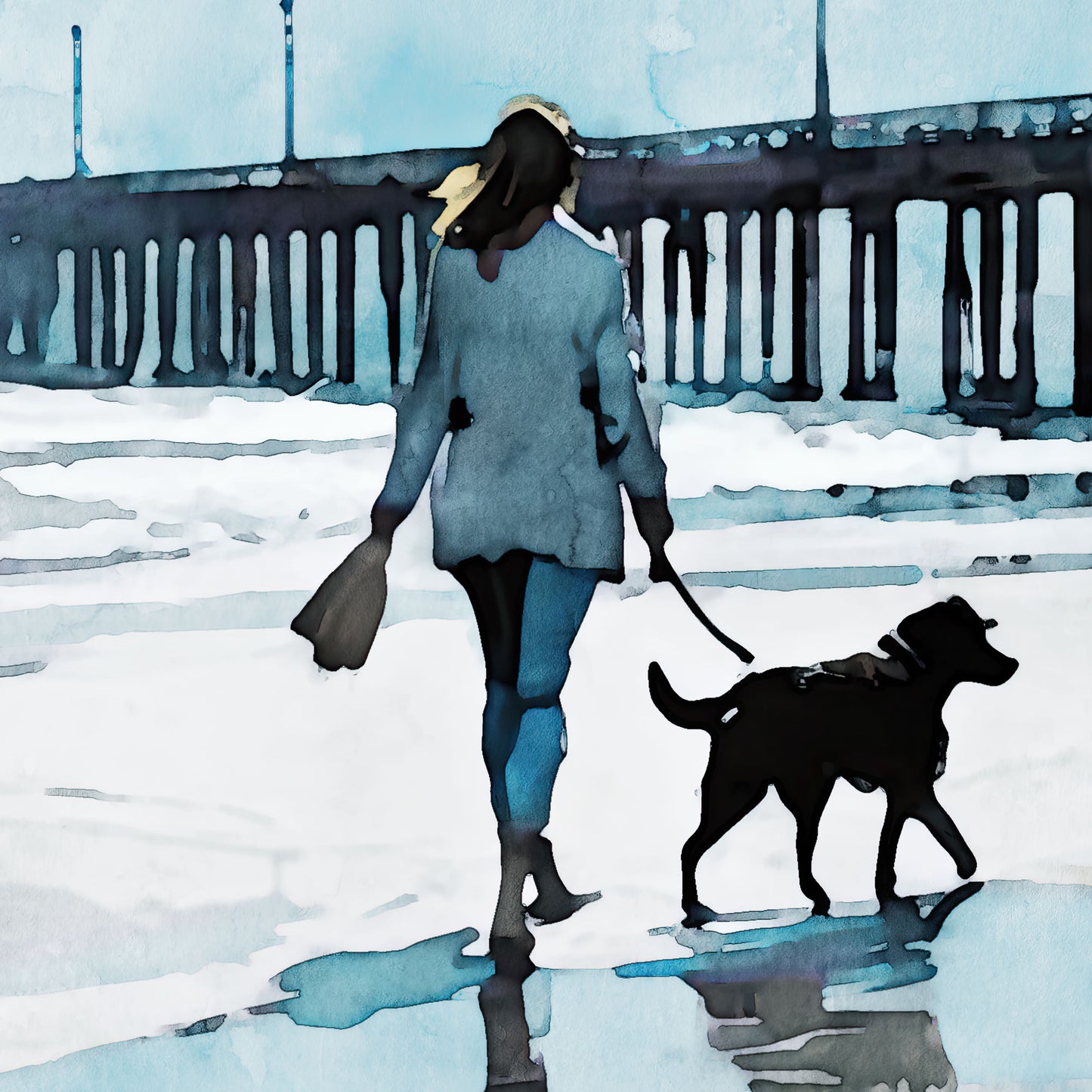 Detail of watercolor-style illustration of a woman walking a dog along a wet beach with reflections, next to a long pier extending into the sea.