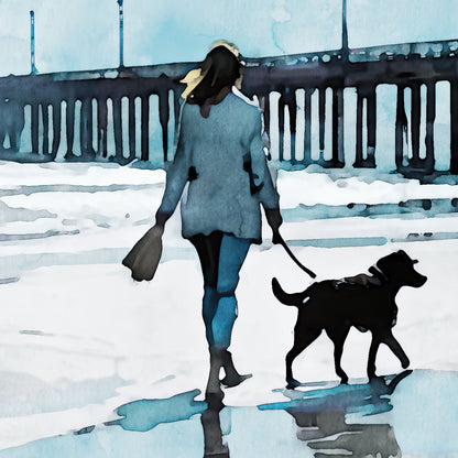 Detail of watercolor-style illustration of a woman walking a dog along a wet beach with reflections, next to a long pier extending into the sea.