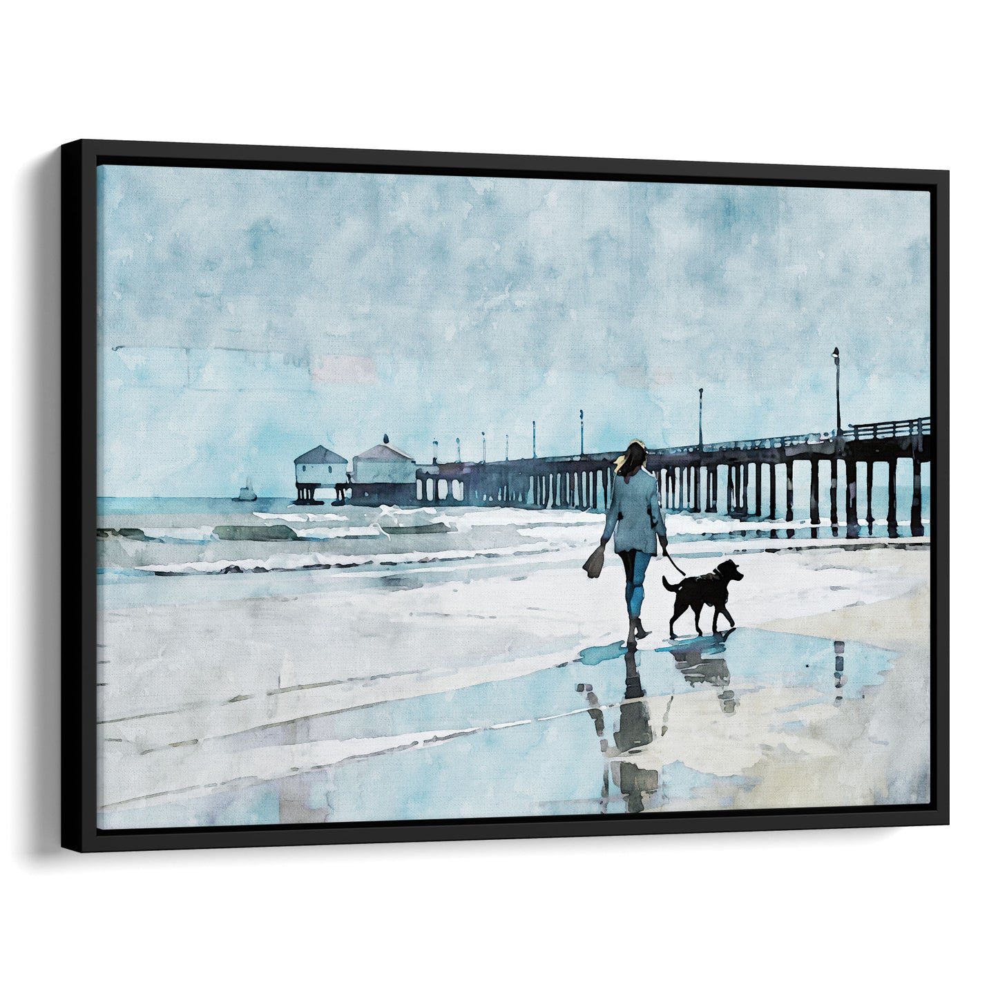 Watercolor-style illustration of a woman walking a dog along a wet beach with reflections, next to a long pier extending into the sea. Artwork printed on gallery wrap canvas in black floater frame.