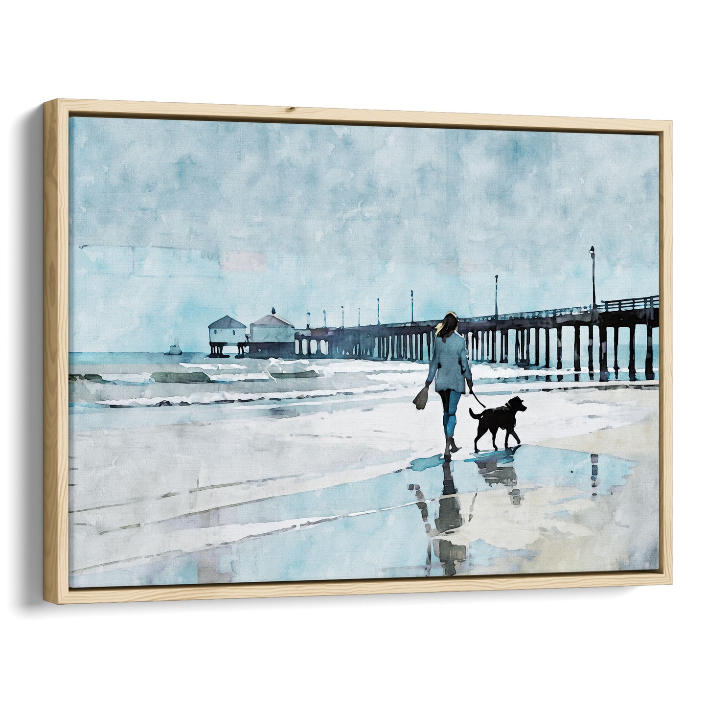 Watercolor-style illustration of a woman walking a dog along a wet beach with reflections, next to a long pier extending into the sea. Artwork printed on gallery wrap canvas in natural floater frame.