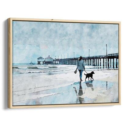 Watercolor-style illustration of a woman walking a dog along a wet beach with reflections, next to a long pier extending into the sea. Artwork printed on gallery wrap canvas in natural floater frame.