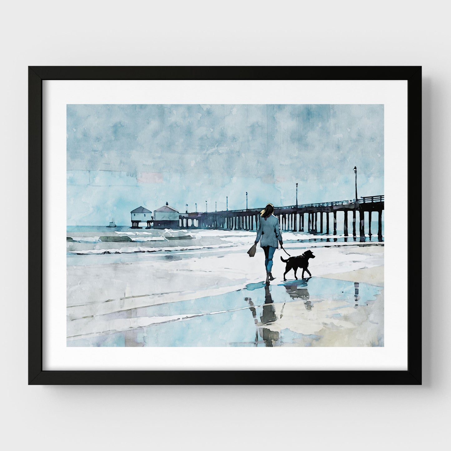 Woman Walking Dog by the Pier Print