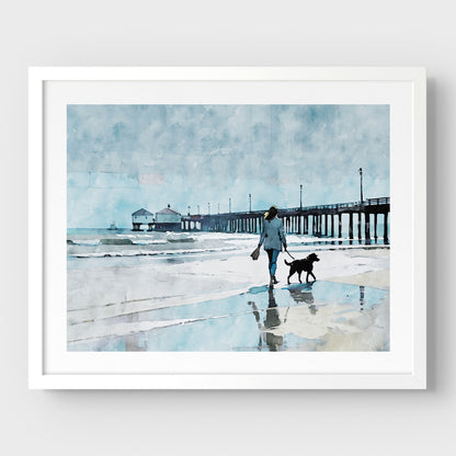 Woman Walking Dog by the Pier Print