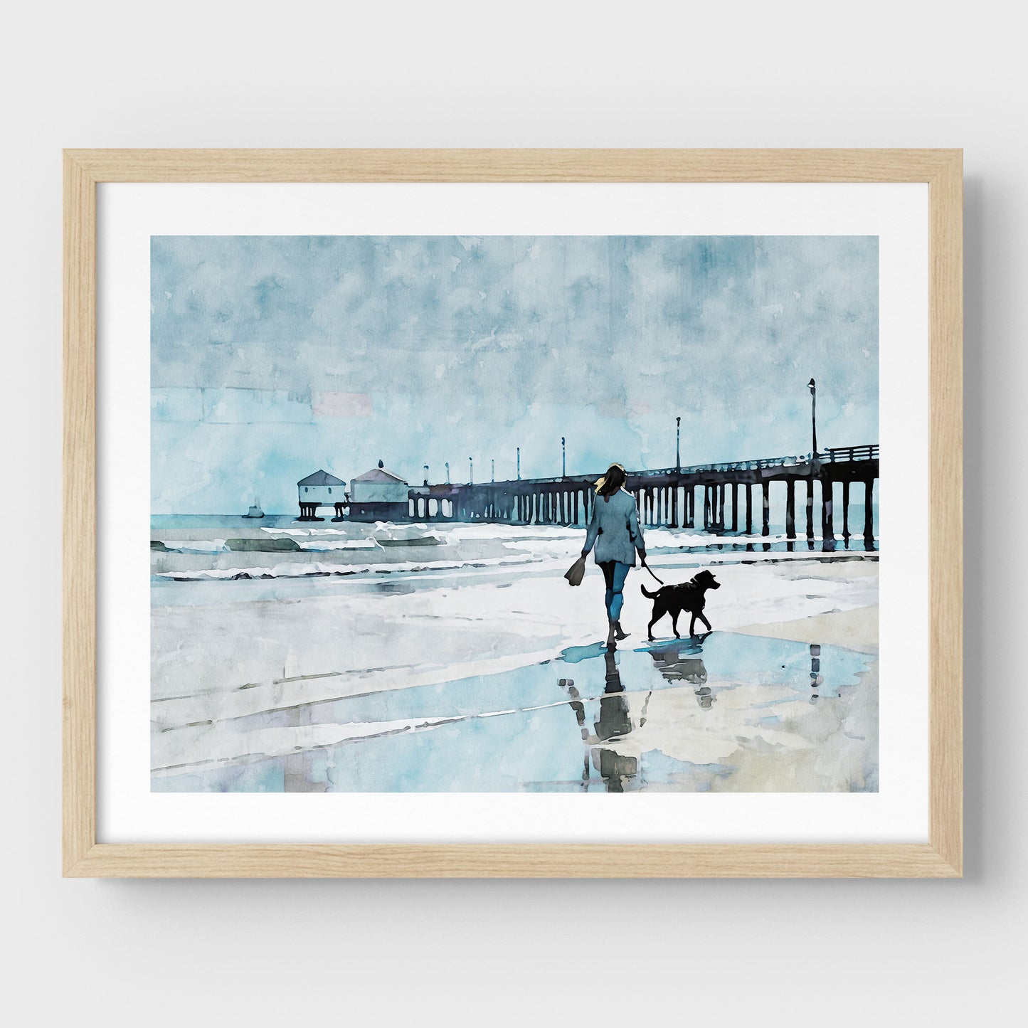 Woman Walking Dog by the Pier Print