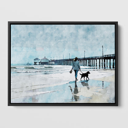 Woman Walking Dog by the Pier Print