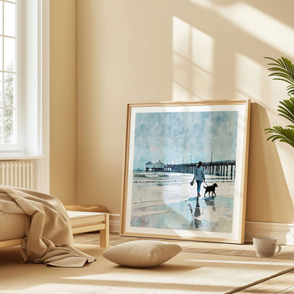 Woman Walking Dog by the Pier Print