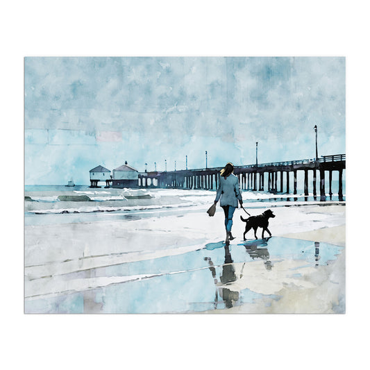 Watercolor-style illustration of a woman walking a dog along a wet beach with reflections, next to a long pier extending into the sea.