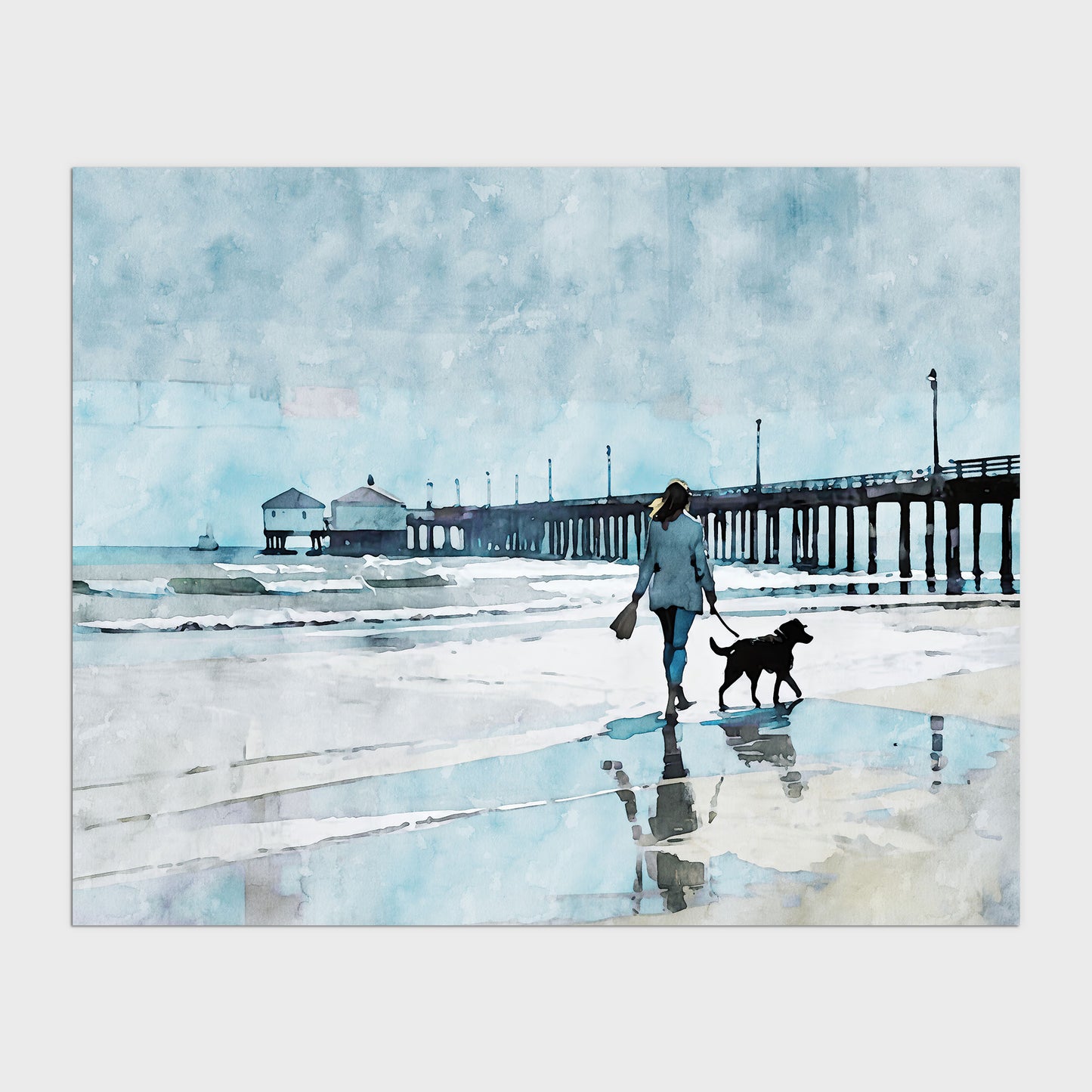 Woman Walking Dog by the Pier Print