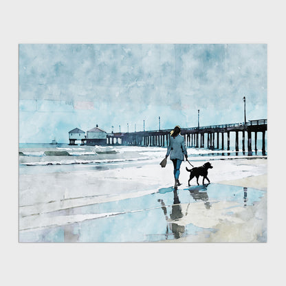 Woman Walking Dog by the Pier Print